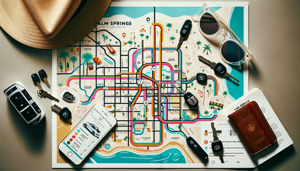 A detailed map of Palm Springs on a table, with highlighted car service routes, car keys, a smartphone with a car service app, and sunglasses.